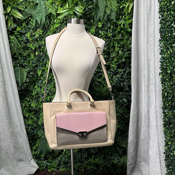 TORY BURCH HANDBAG T Lock E/W Tote Beige Pink Color Block And Clutch‎ Purse - Picture 5 of 16